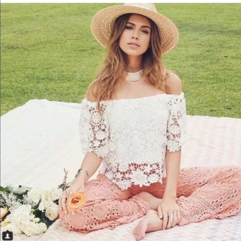 NIGHTCAP Free People *Caribbean* white crochet lace boho top 4 L